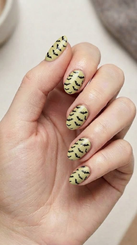 Pale yellow almond nails with tiny black flying bats for Halloween