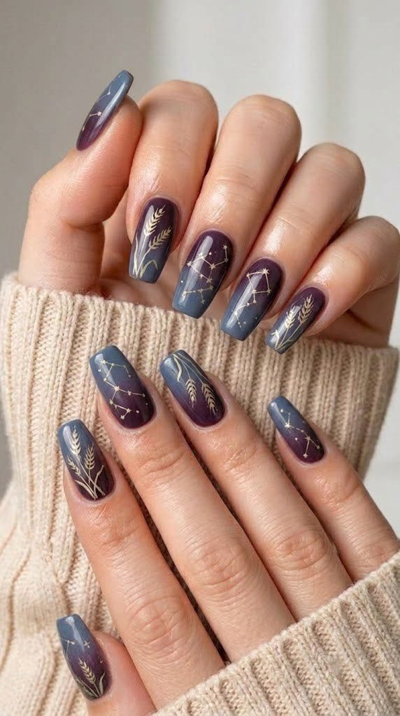 Twilight plum and blue fall nail design with gold wheat stalk detail