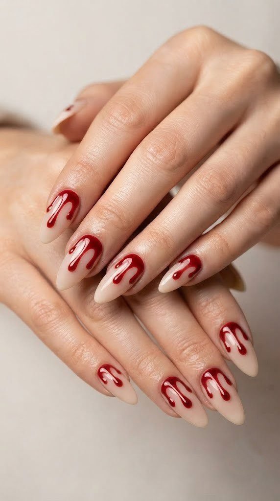 Pale nude nails with glossy crimson vampire blood drip Halloween nail design