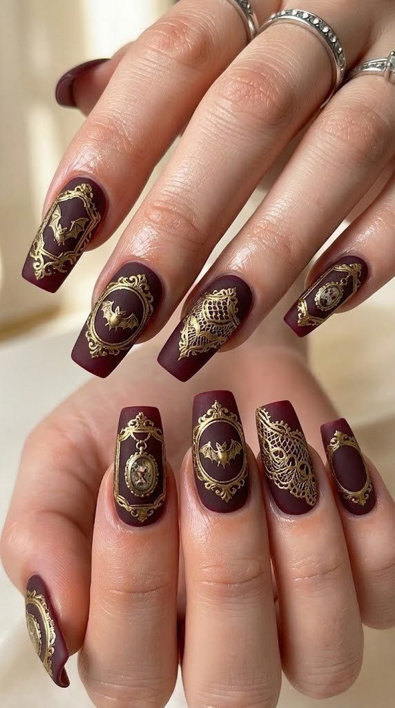 Deep matte burgundy nails with metallic gold baroque frames, bats, and Victorian lace
