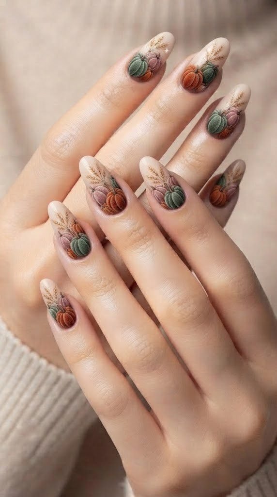 Velvet pumpkin patch nail art in sage and burnt orange