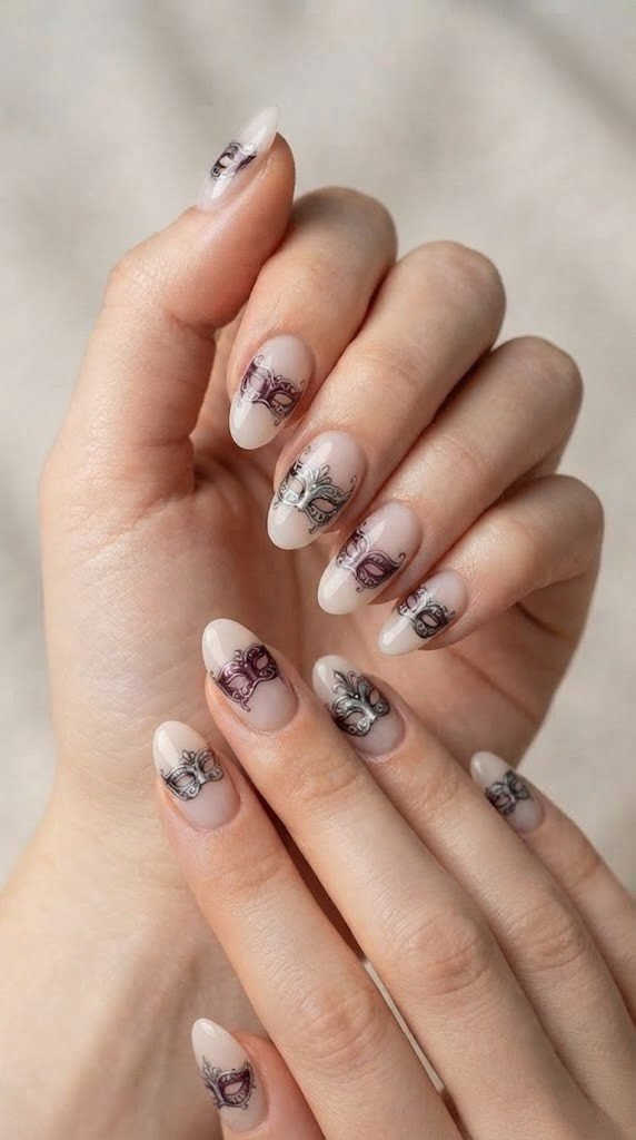 Sheer porcelain almond nails with hand-painted masquerade masks in plum
