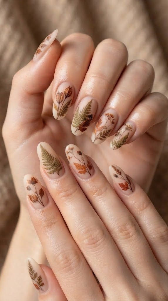 Parchment matte nude fall nail design with pressed fern illustrations