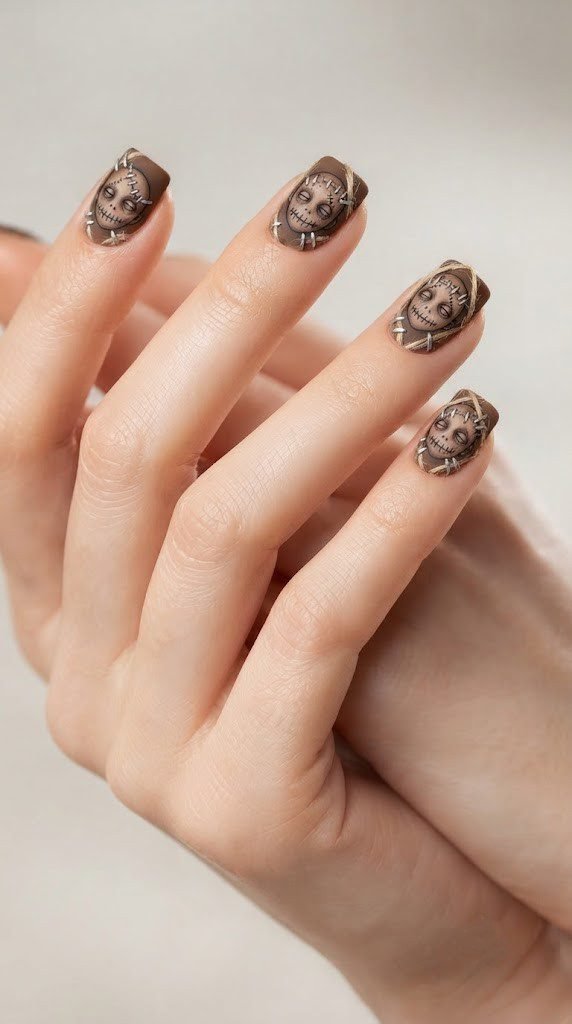 Clay brown nails with a hyper-realistic shrunken head design and silver stitching