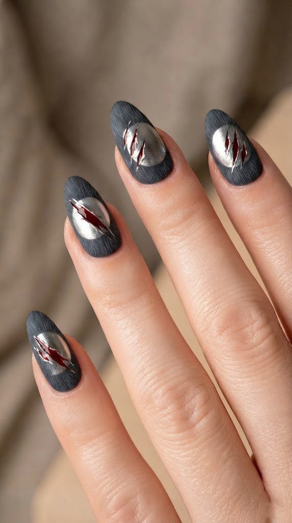 Charcoal grey almond nails with chrome moon phases and claw mark detail