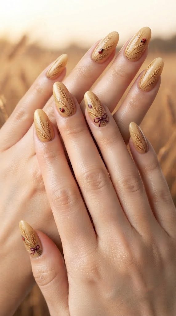 Wheat field nail design with burgundy ribbon and painted ladybugs