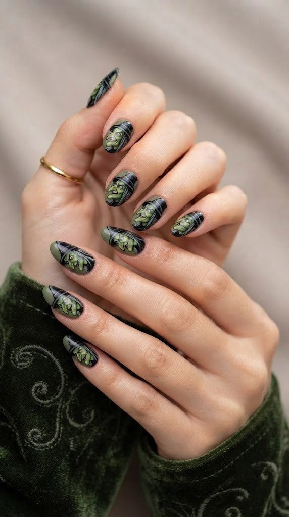 Classic green witch profile with pointed hat painted on Halloween nail designs