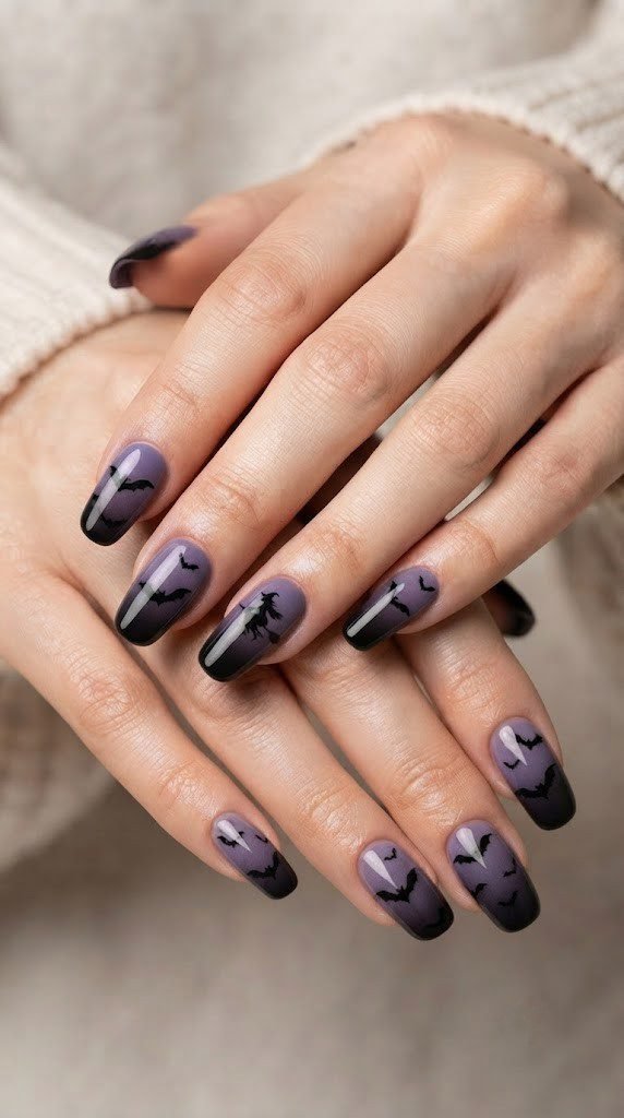 Twilight purple gradient Halloween nails with a flying witch and bats
