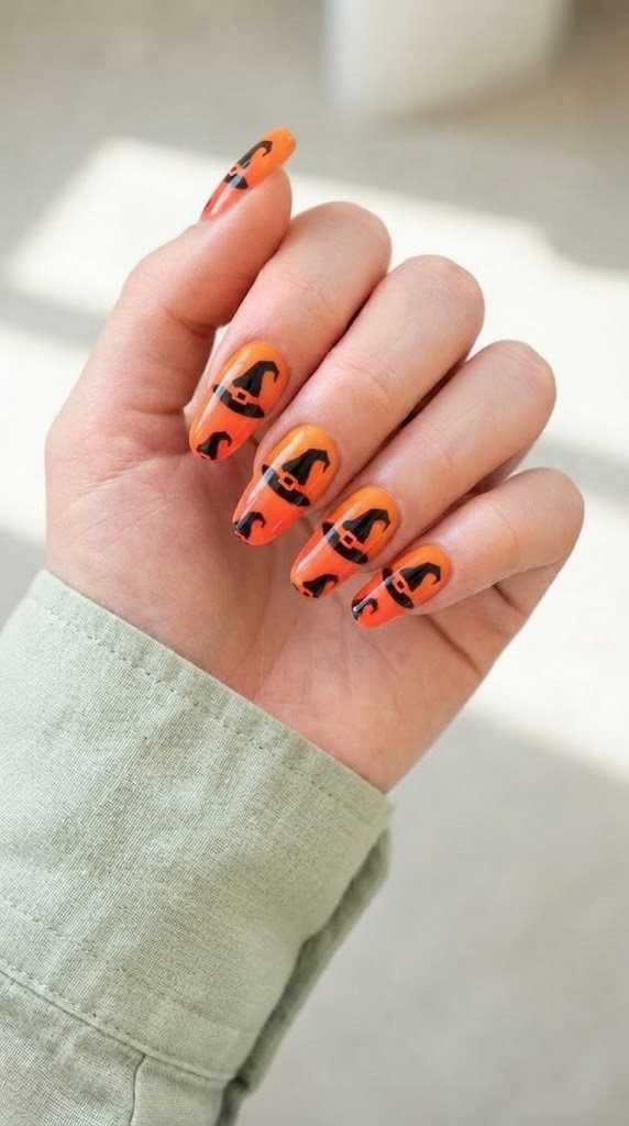 Neon witch hat buckle spooky nails with glowing orange and black accents