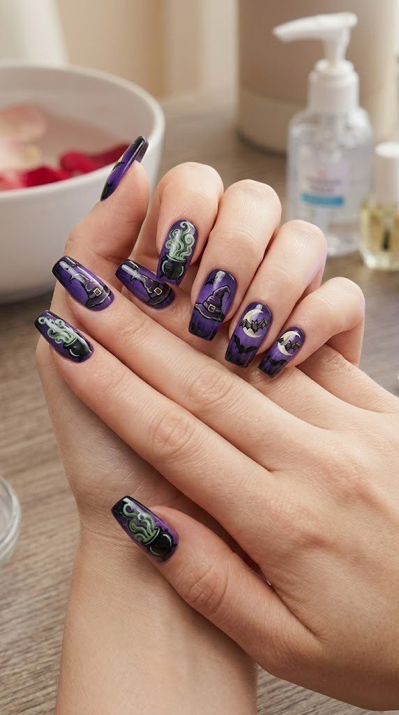 Halloween nail art featuring hand-painted cauldrons and witch hats