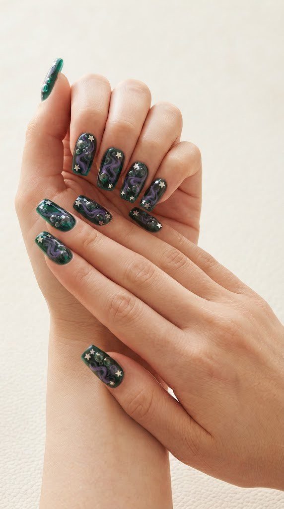 Translucent emerald green coffin nails with bubbling potion texture and silver stars