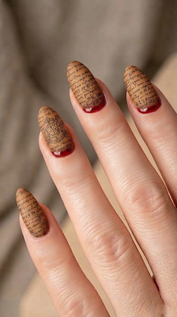 Parchment tan nails covered in tiny ink spellbook script and wax seals