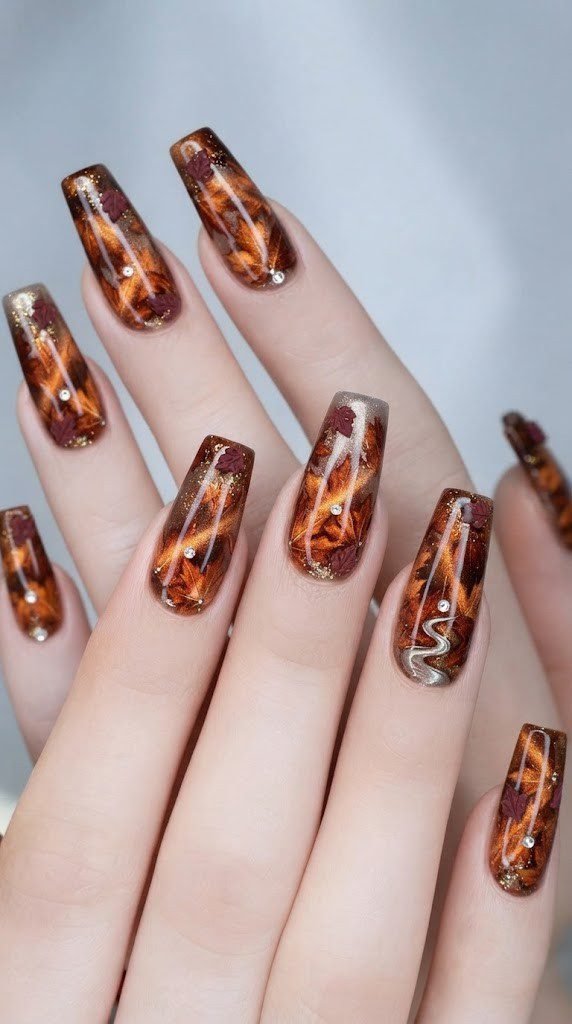 Coffin October nail designs with a chrome maple leaf canopy in amber and copper