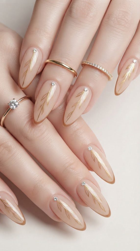 Almond simple fall nails with sheer nude base and gold leaf vein detail