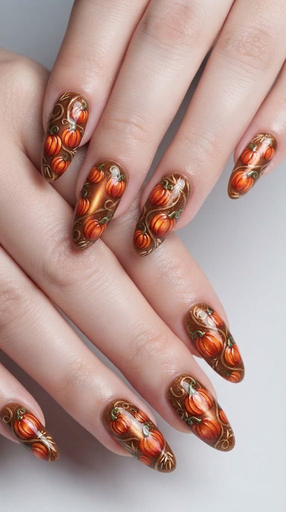 Almond-shaped October nail designs featuring a chrome pumpkin patch at dusk