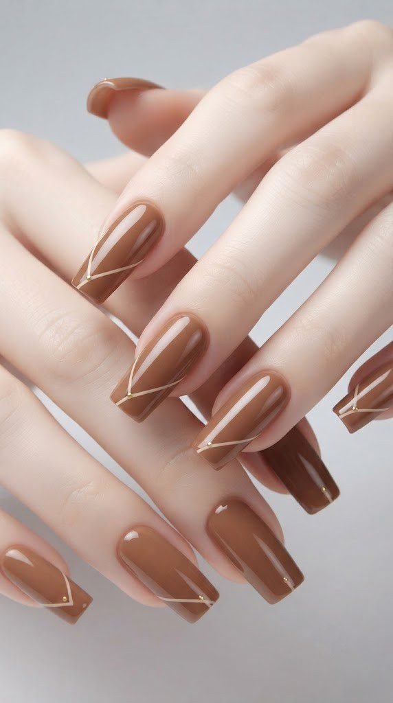 Square simple fall nails with toffee glaze and a fine cream diagonal line