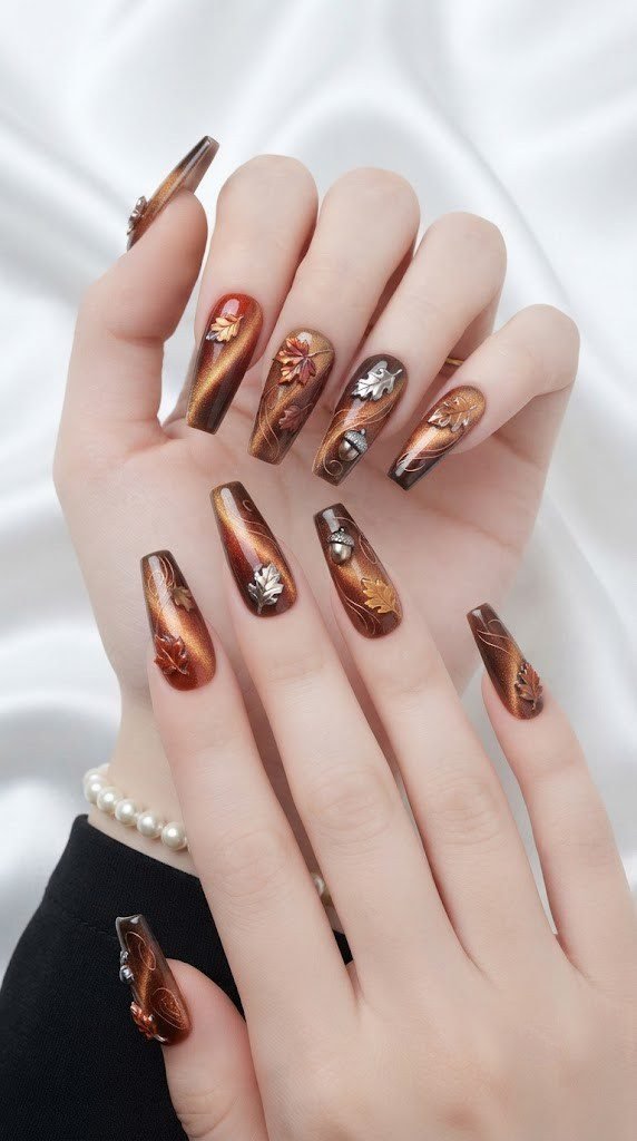 Stiletto autumn nails with rust and bronze chrome leaves swirling in the wind