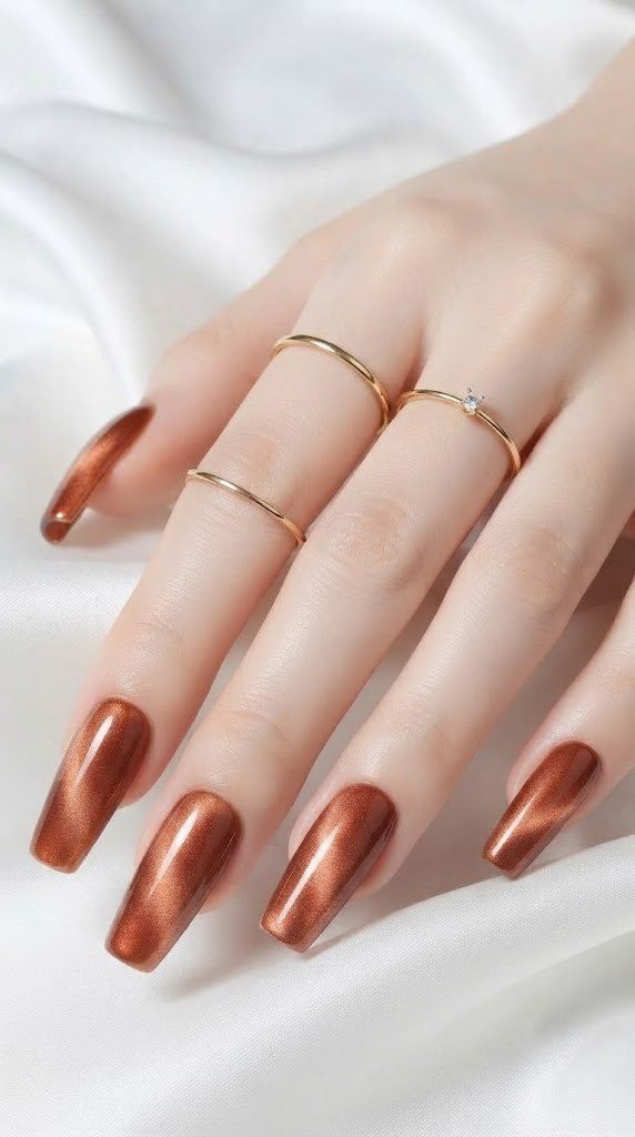 Coffin classy autumn nails in copper bronze cat-eye chrome with rust gradient
