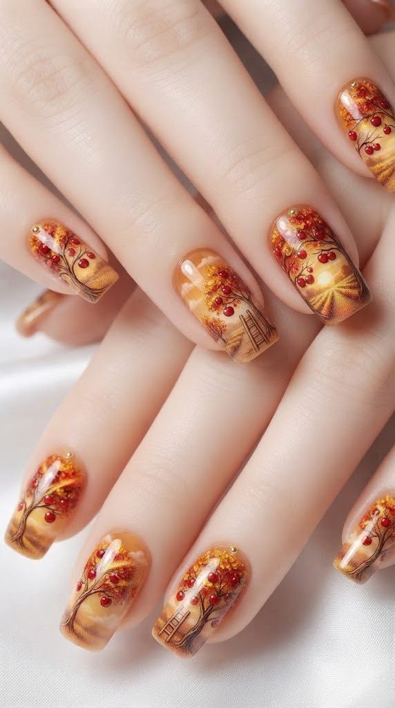 Square October nail designs showing a golden apple orchard at sunset
