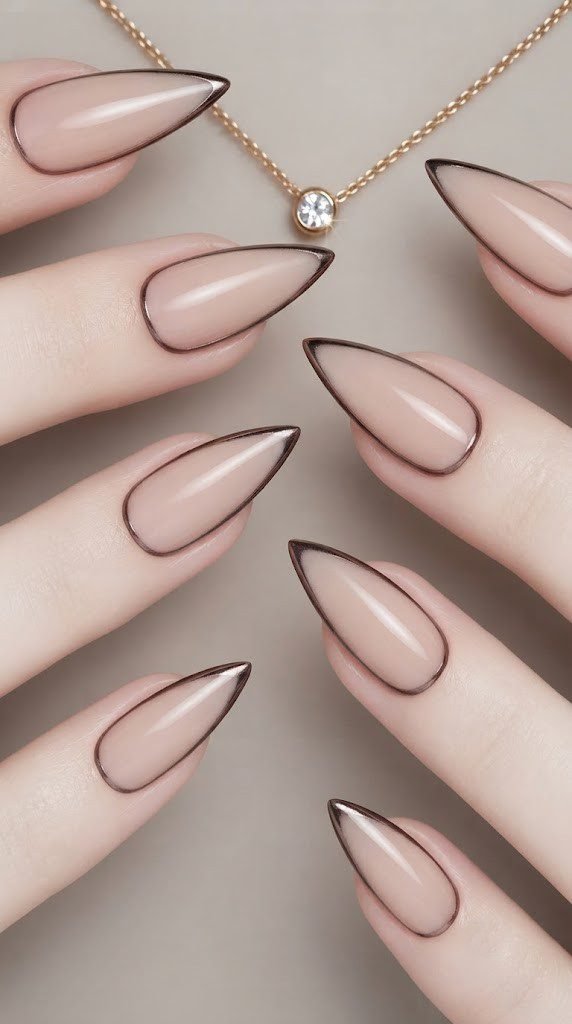 Stiletto fall nail design with sheer nude base and dark espresso chrome edge