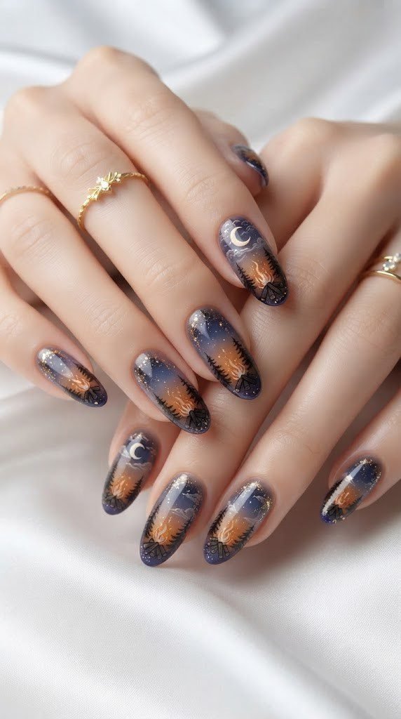 Oval fall nails with a cozy bonfire scene under an amber and indigo sky