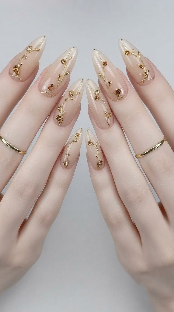 Almond champagne nude fall nails with gold vine and amber crystal detail