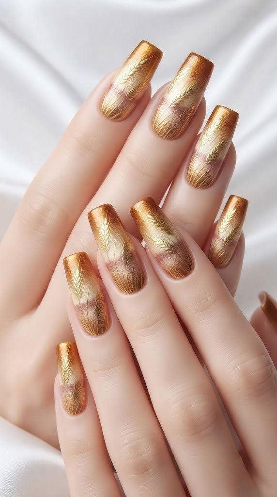 Square October nail designs painted as one golden wheat field at harvest