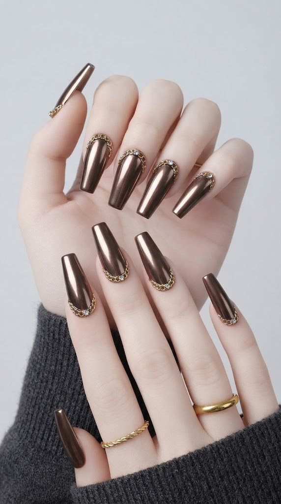 Coffin fall nail art with deep bronze chrome and a draped gold chain link