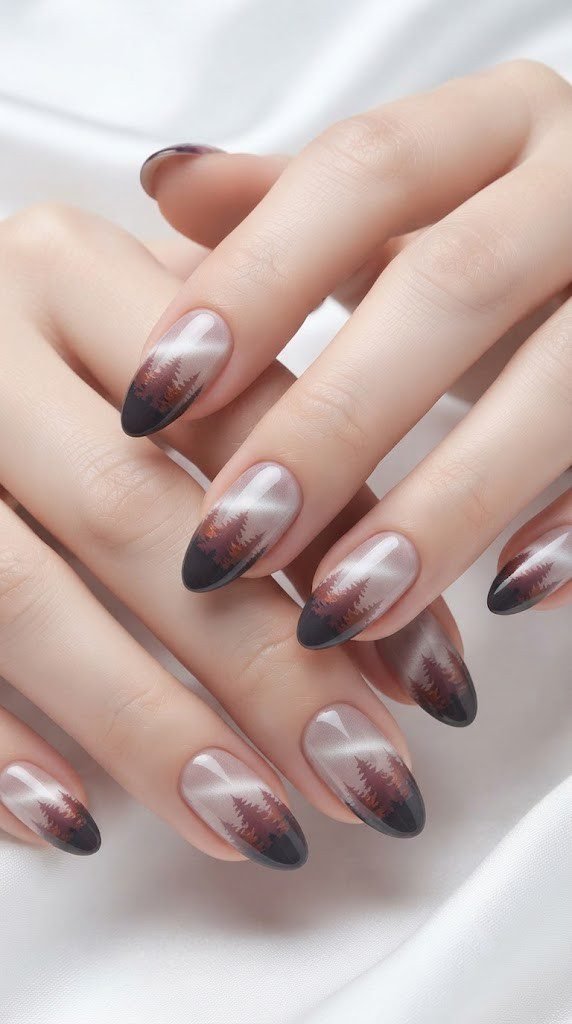 Almond autumn nails with layered plum and rust forest silhouettes at dawn