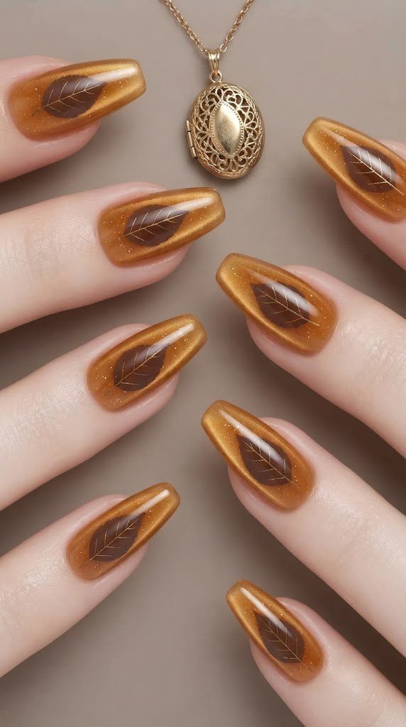 Coffin-shaped October nail designs styled like amber resin with a trapped leaf