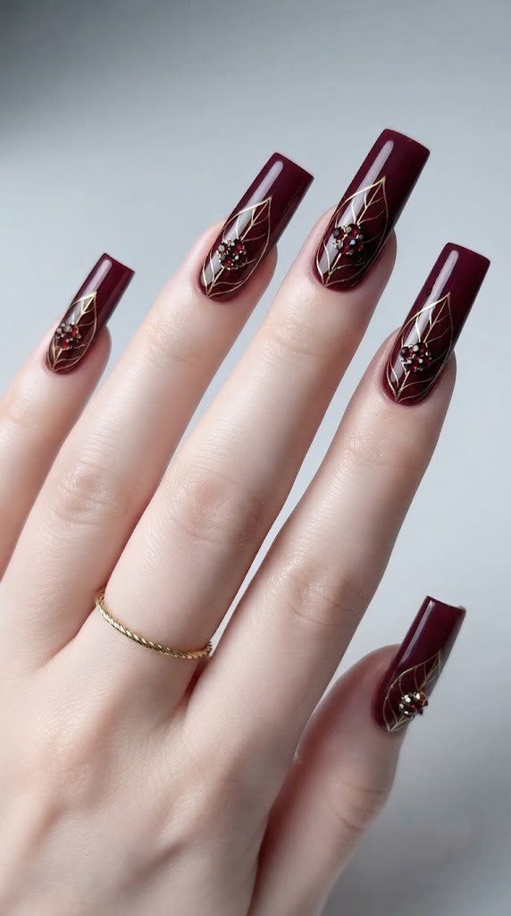 Square fall nail design with deep wine glaze and a garnet crystal leaf brooch