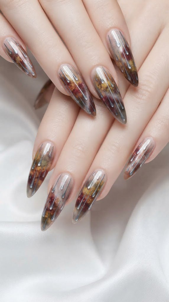 Stiletto fall nails resembling a rain-streaked window over blurred autumn color