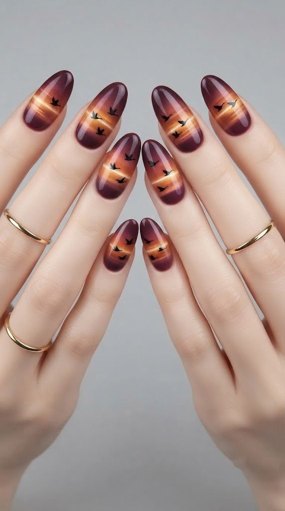 Oval October nail designs capturing a sunset sky with geese flying south