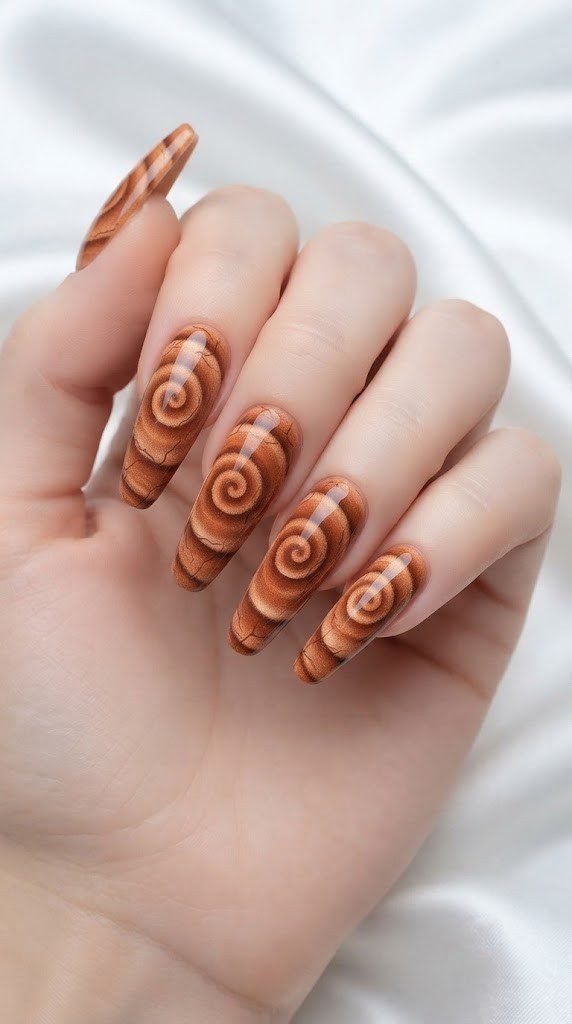 Coffin autumn nails spiraled like rolled cinnamon bark in warm caramel tones