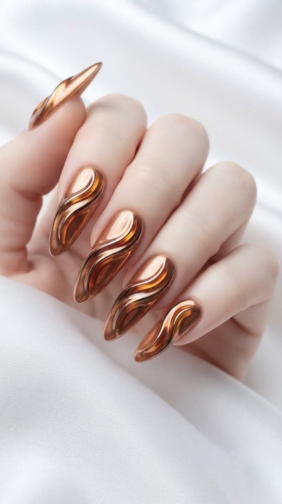 Almond fall nail design with liquid bronze chrome and a sculptural wave ripple