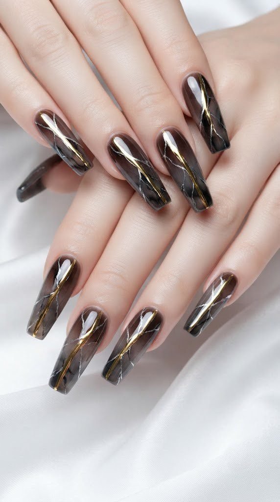 Coffin fall nail art with smoked onyx chrome and a cracked silver gold streak