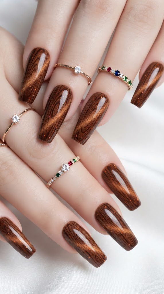 Square October nail designs finished in a rich walnut-to-mahogany woodgrain
