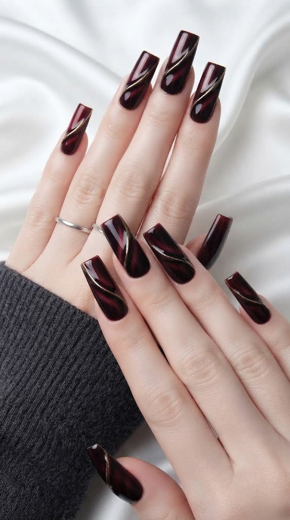 Square fall nail design with velvet wine ombre and a sculptural draped fold