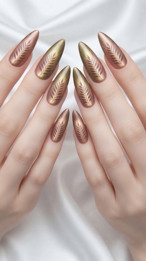 Stiletto autumn nails with a delicate pressed fern leaf on rose-gold chrome