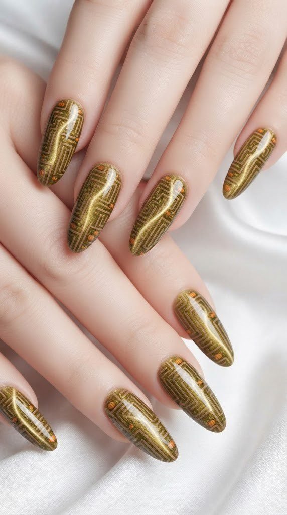 Oval October nail designs shaped like an aerial view of a golden corn maze