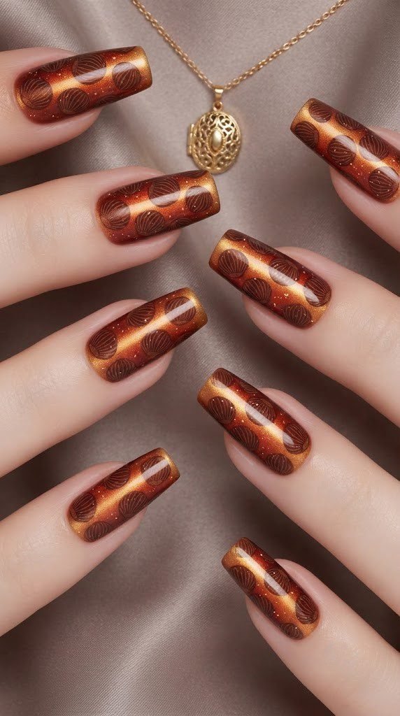 Square fall nails clustered with warm mahogany chestnut shell details