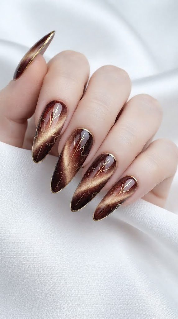 Almond fall nail design shaped into a maple leaf silhouette with gold border