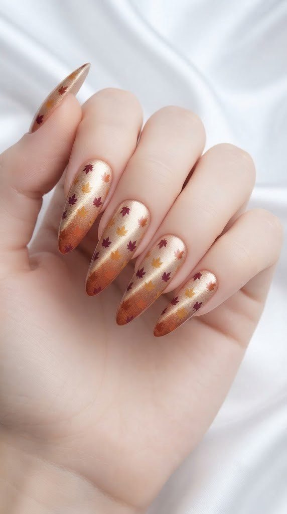 Almond October nail designs with rust and wine leaves cascading downward