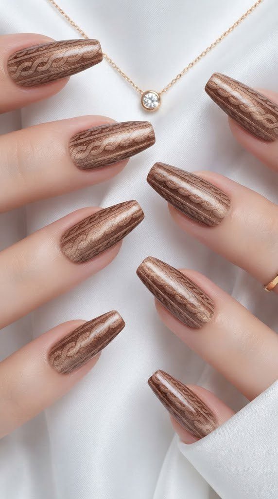 Coffin autumn nails styled like a cozy cinnamon cable-knit sweater sleeve