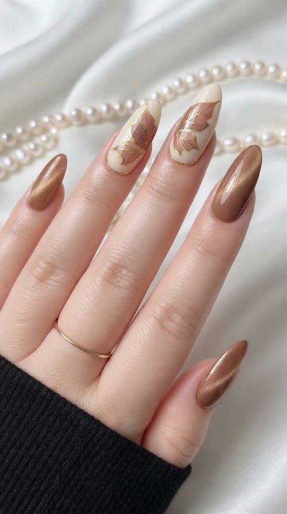 Almond simple fall nails alternating cocoa chrome and dusty rose leaf wing