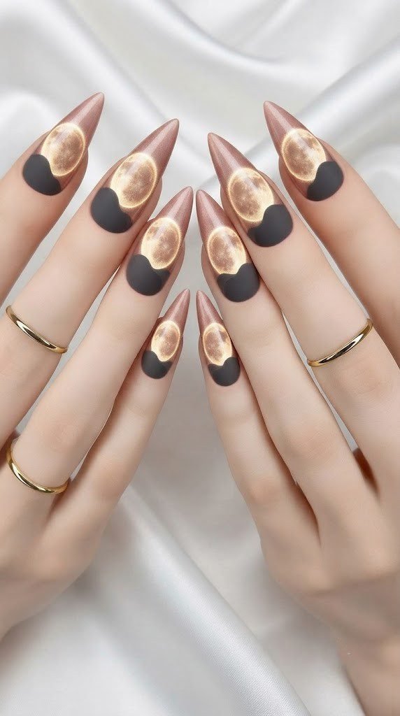 Stiletto October nail designs forming one harvest moon rising over hills