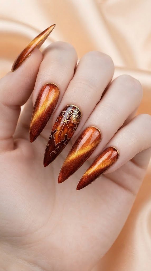 Stiletto fall nail art shaped into a pumpkin vine leaf with a tiny pumpkin