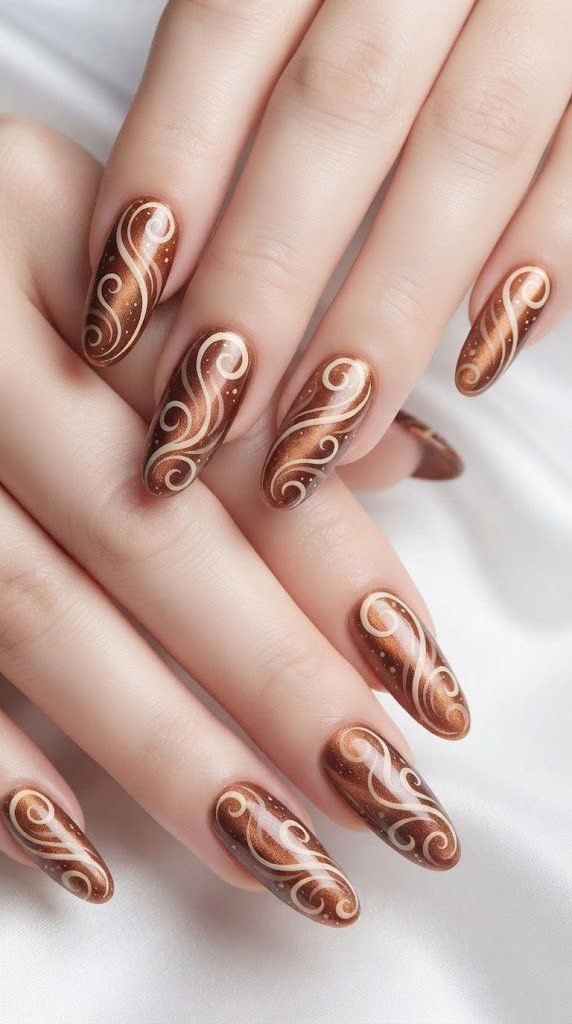 Oval fall nails swirled like rising steam from a warm spiced autumn drink