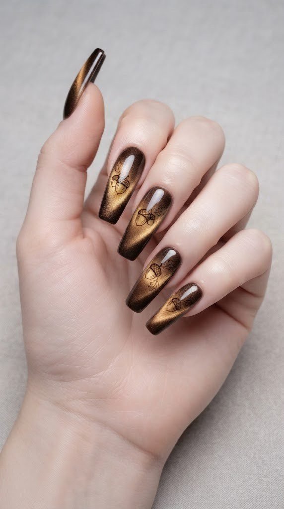 Coffin fall nail design with espresso chrome and fine linework golden acorns