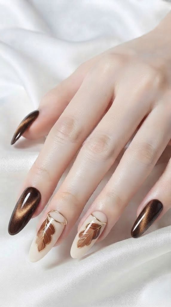 Oval fall nail design alternating espresso chrome and ivory acorn leaf wing